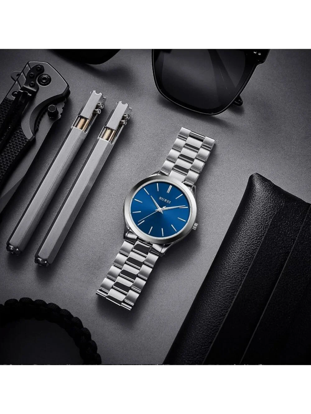 Men's Silver Blue Analog Quartz Stainless Steel Waterproof Round Luxury Watch